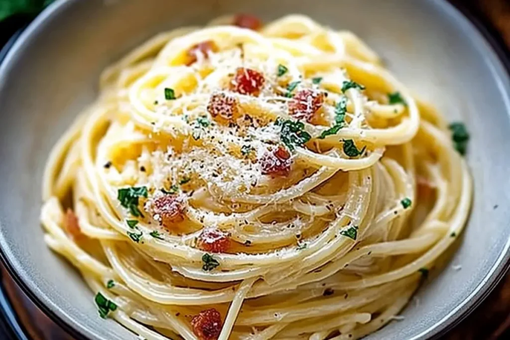 Freshly made carbonara pasta.