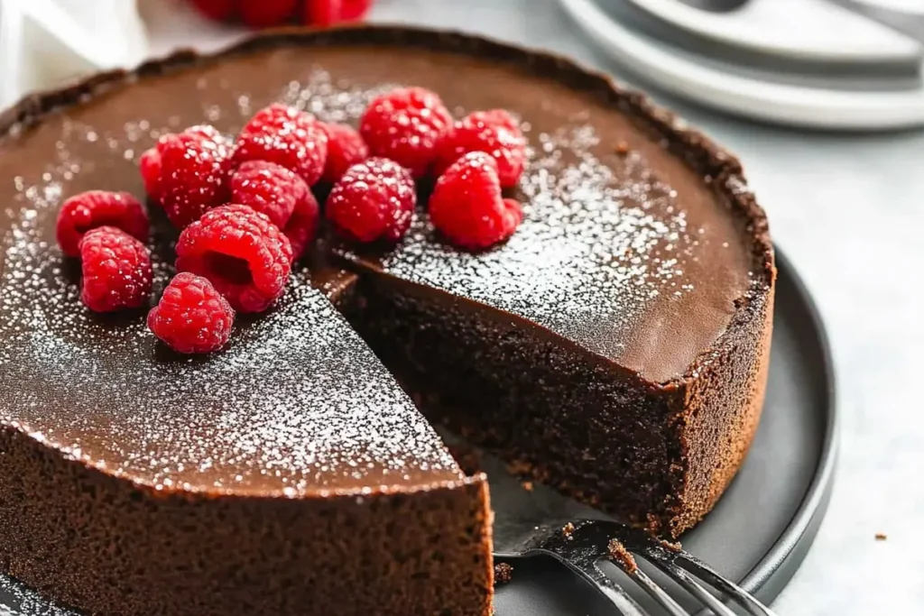 Delicious flourless chocolate cake recipe on a plate.