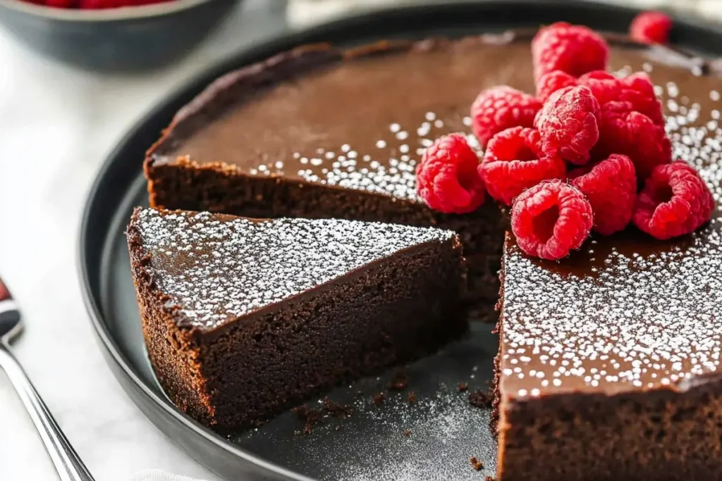 Delicious flourless chocolate cake recipe on a plate.