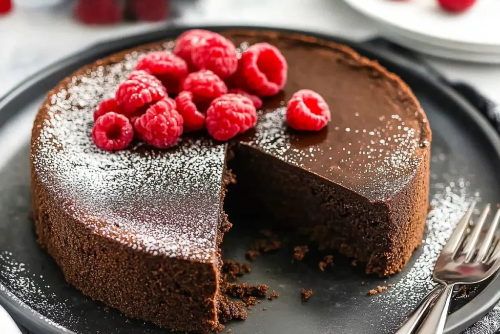 Delicious flourless chocolate cake recipe on a plate.