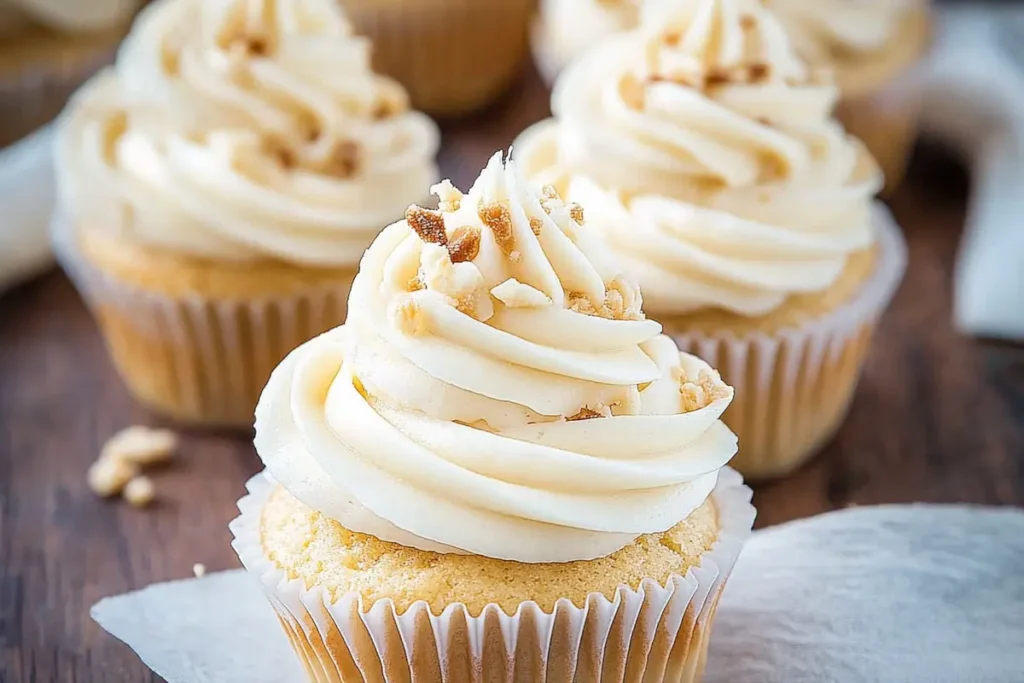 Fluffy whipped cream frosting on a cake.