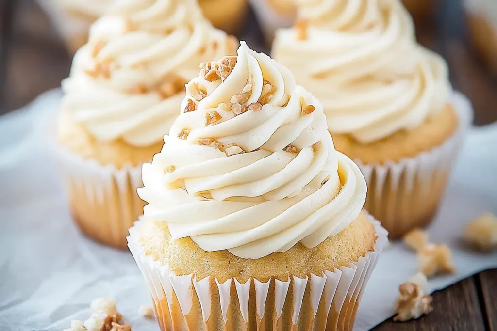 Fluffy whipped cream frosting on a cake.