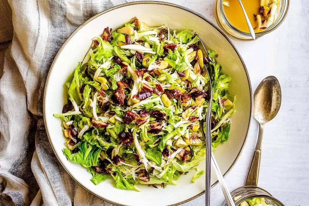 A close-up of a colorful shaved brussel sprout salad with parmesan and cranberries.