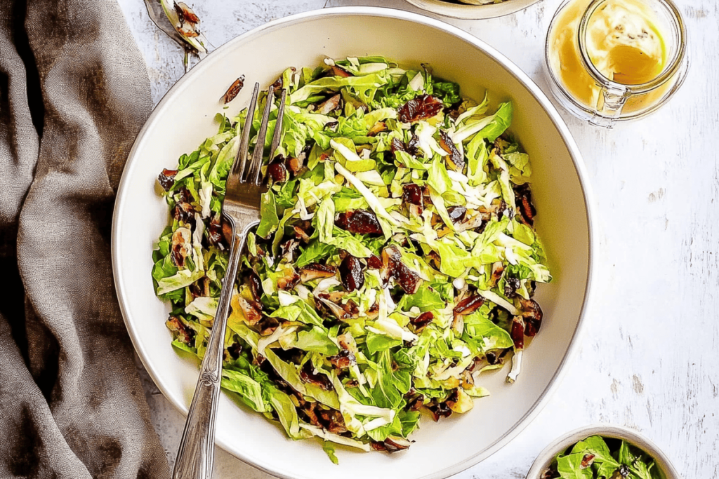 A close-up of a colorful shaved brussel sprout salad with parmesan and cranberries.