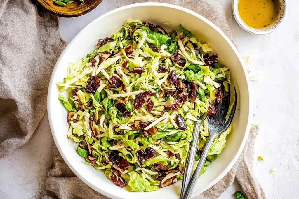 A close-up of a colorful shaved brussel sprout salad with parmesan and cranberries.