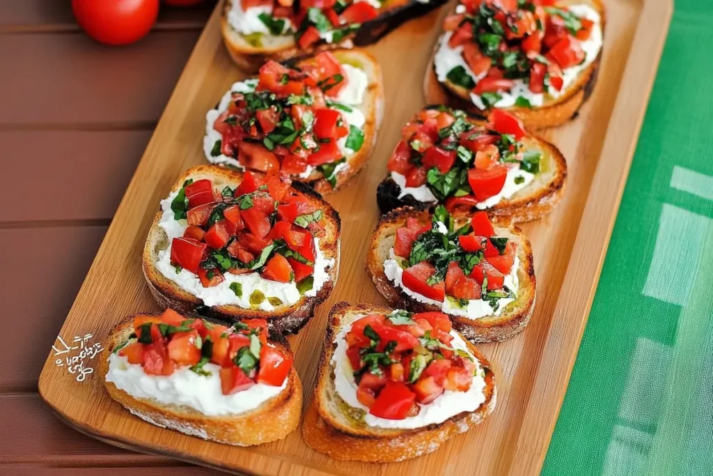 Tomato Basil Bruschetta topped with fresh ingredients on toasted bread.