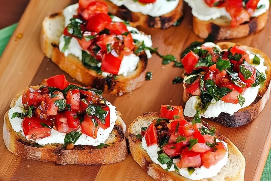 Tomato Basil Bruschetta topped with fresh ingredients on toasted bread.