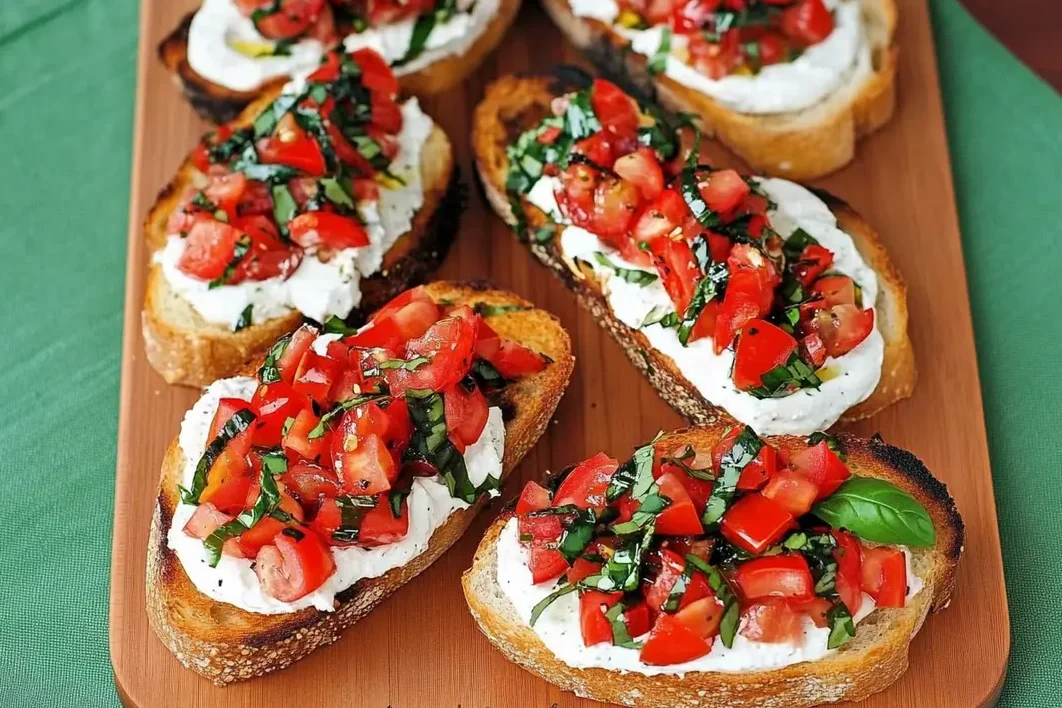 Tomato Basil Bruschetta topped with fresh ingredients on toasted bread.