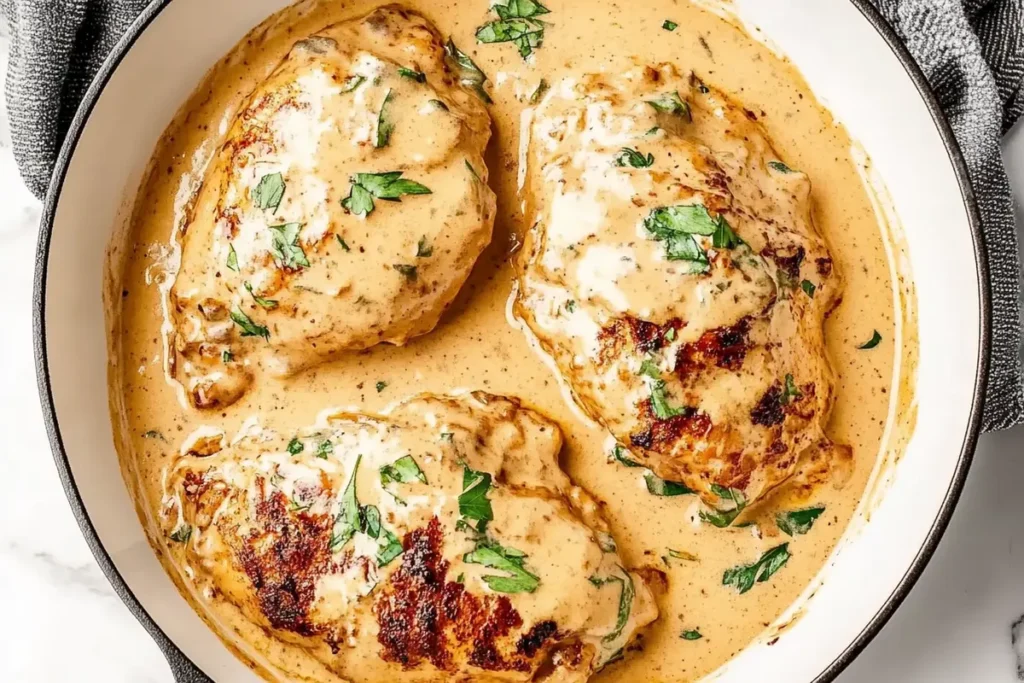 Creamy marry me chicken in a pan.