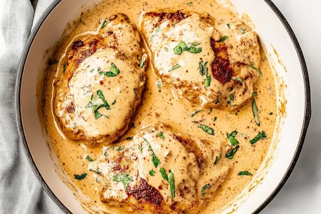 Creamy marry me chicken in a pan.