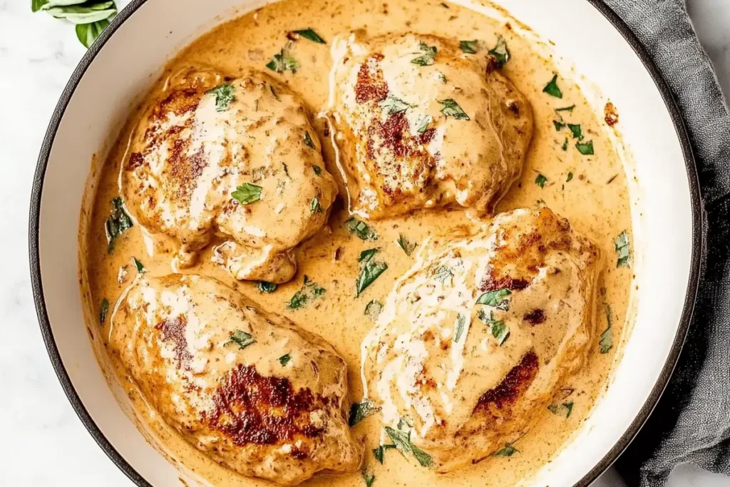 Creamy marry me chicken in a pan.