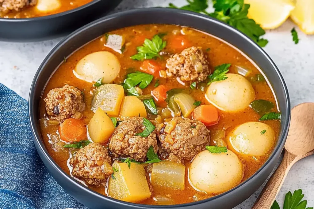 A bowl of Albondigas soup with meatballs and vegetables.