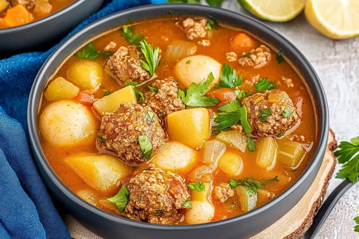 A bowl of Albondigas soup with meatballs and vegetables.