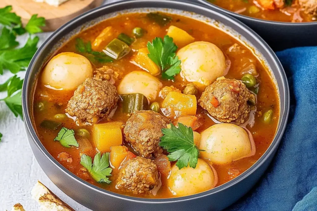 A bowl of Albondigas soup with meatballs and vegetables.