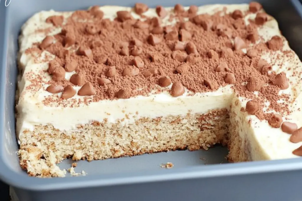 Cinnamon roll poke cake on a plate with a fork.