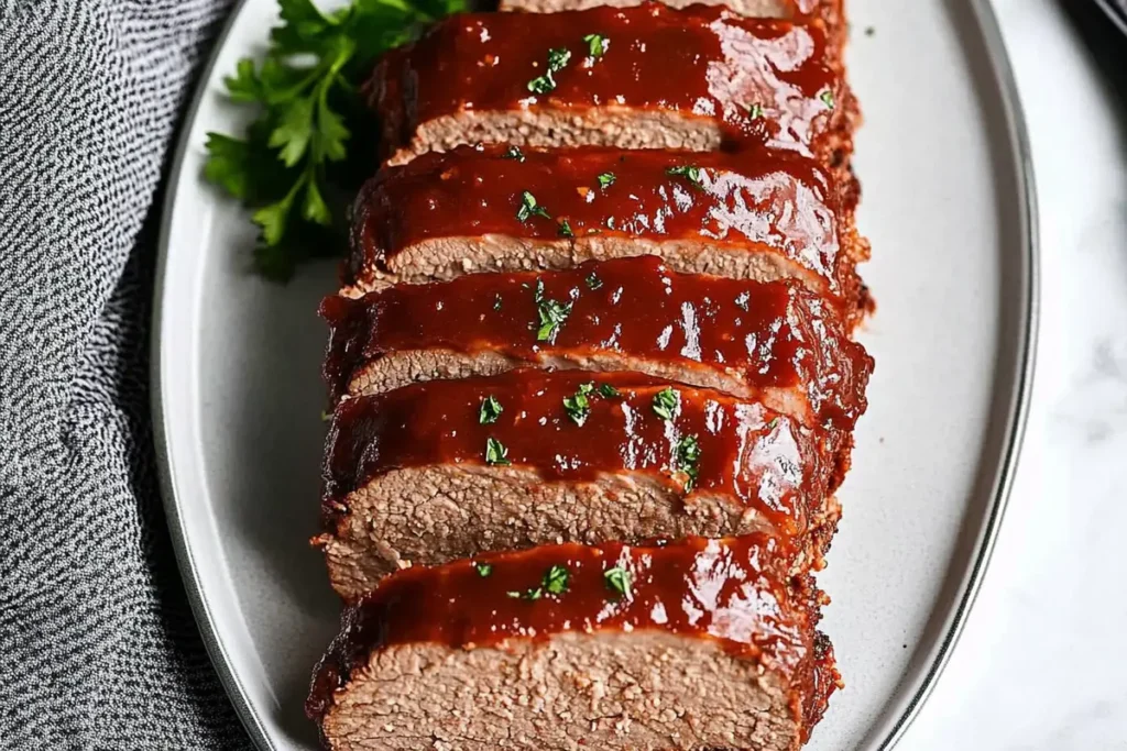 Delicious homemade meatloaf recipe on a plate.