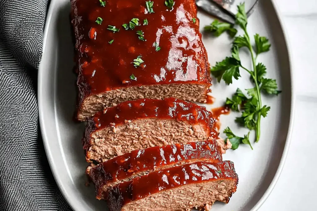 Delicious homemade meatloaf recipe on a plate.