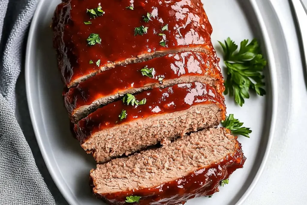 Delicious homemade meatloaf recipe on a plate.