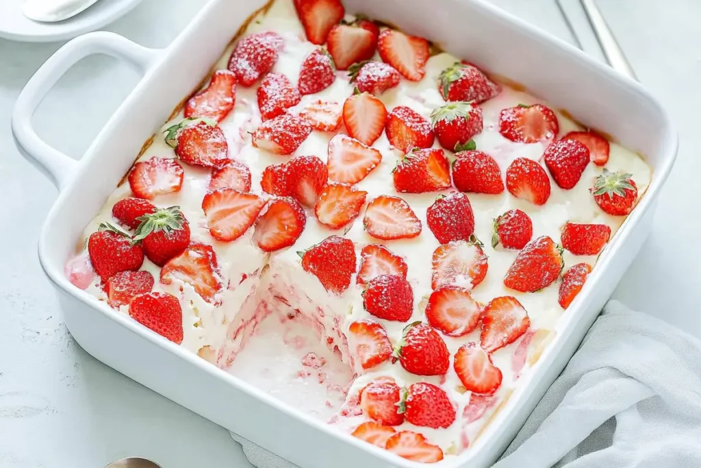 A delicious strawberry tres leches cake with fresh strawberries on top