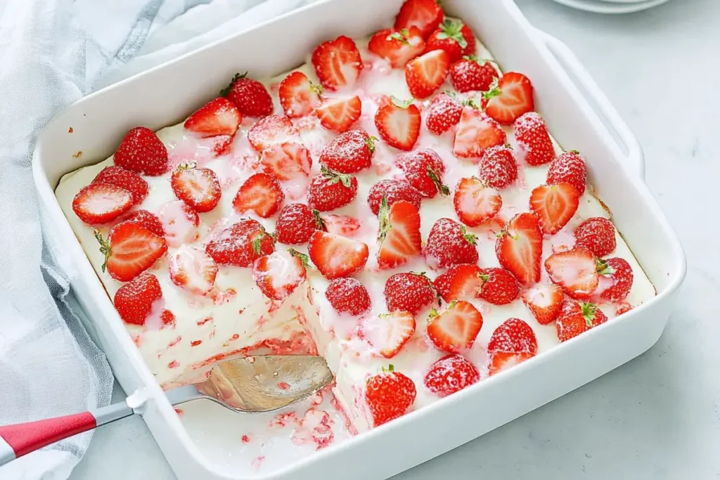 A delicious strawberry tres leches cake with fresh strawberries on top