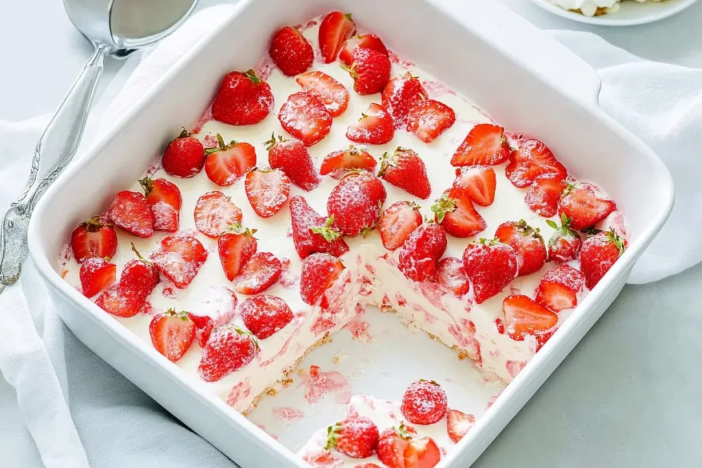 A delicious strawberry tres leches cake with fresh strawberries on top