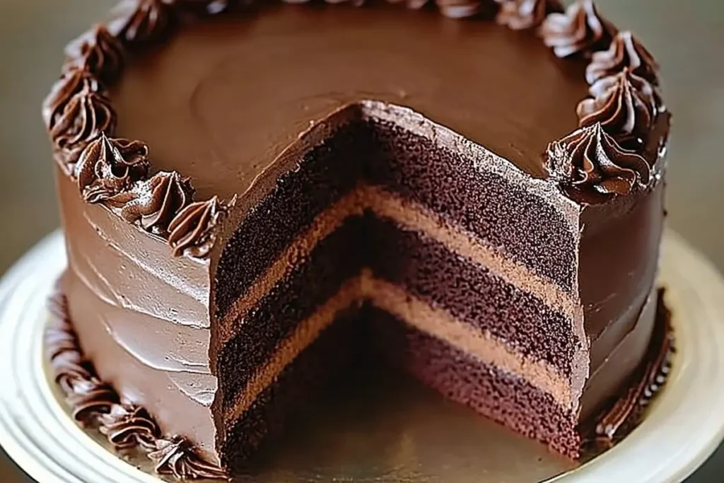 Delicious chocolate cake recipe from scratch on a plate.