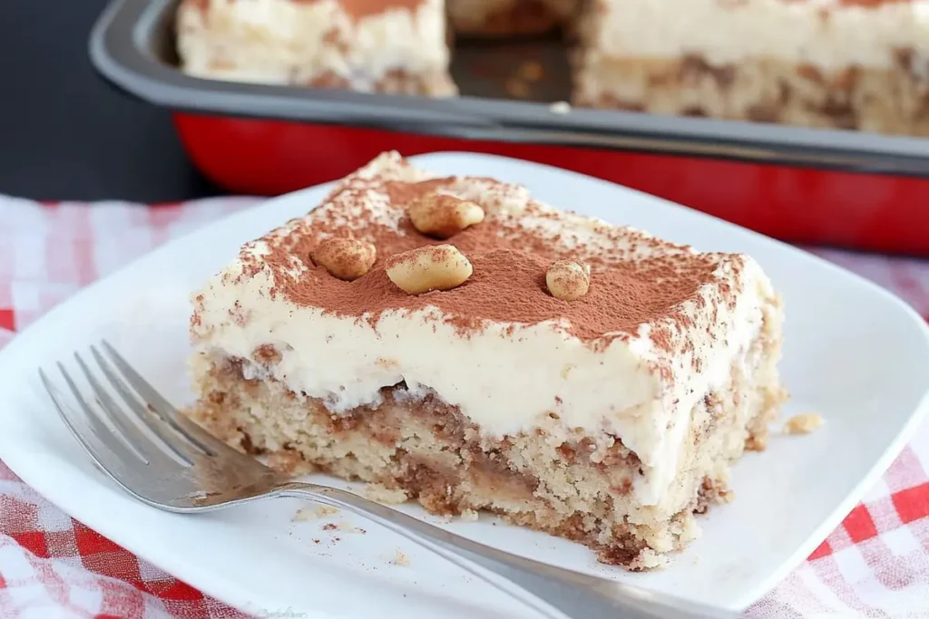 Cinnamon roll poke cake on a plate with a fork.