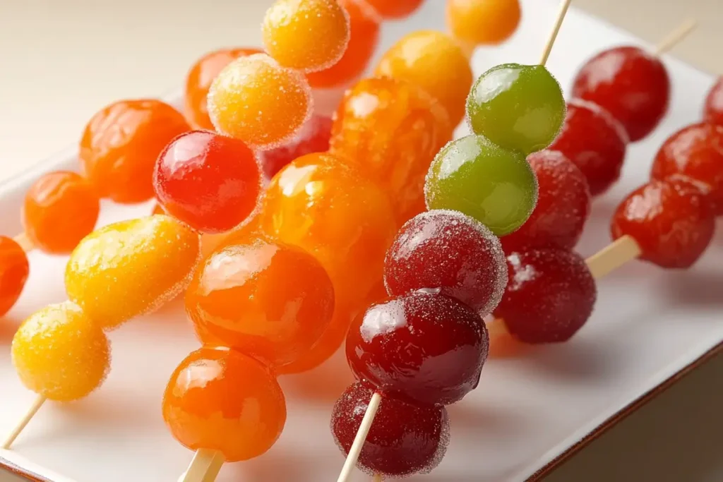 Tanghulu recipe with fresh fruit and sugar coating.