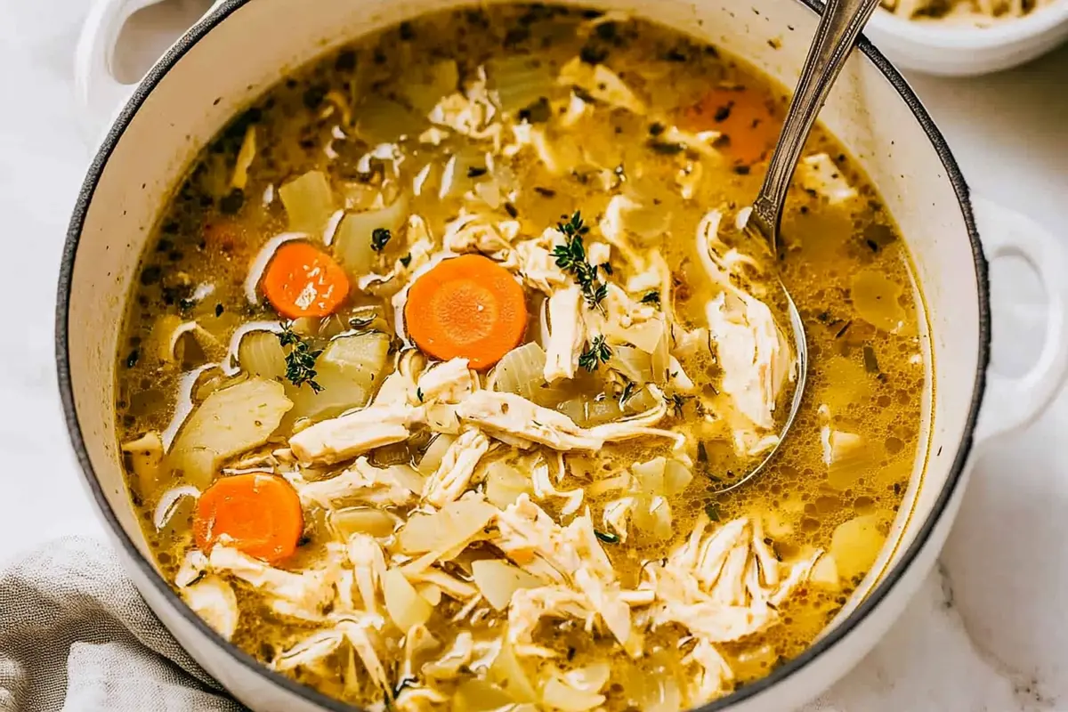 Steaming bowl of classic chicken soup with visible chicken and vegetables.