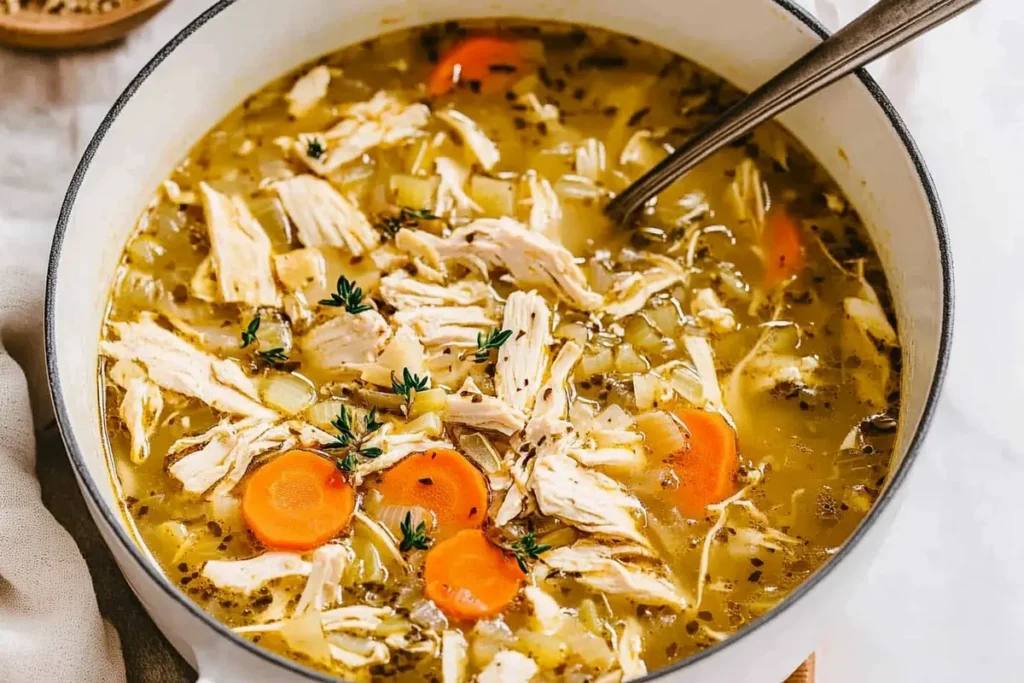 Steaming bowl of classic chicken soup with visible chicken and vegetables.