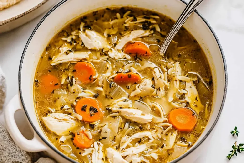 Steaming bowl of classic chicken soup with visible chicken and vegetables.