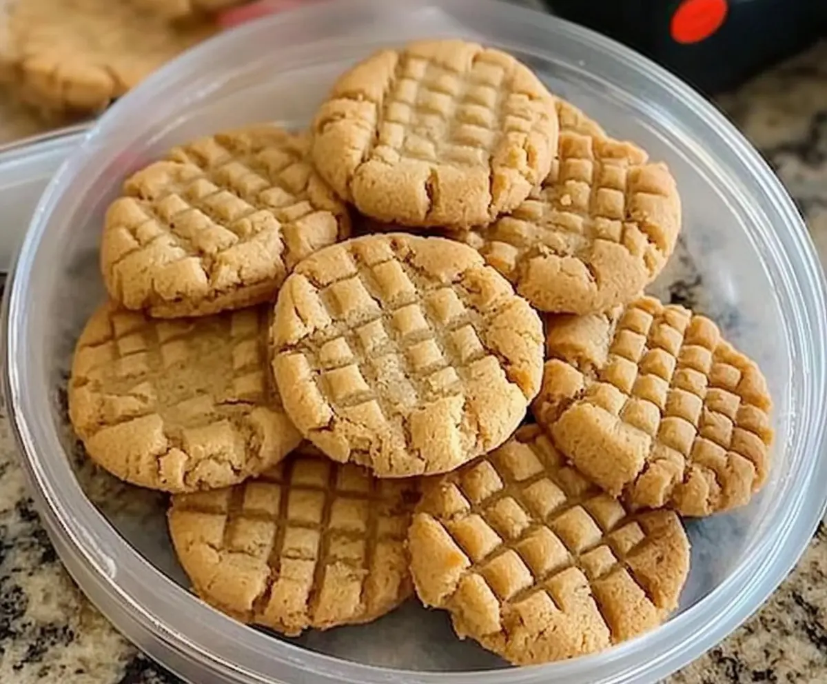 Ingredients for a peanut butter cookie recipe laid out on a wooden surface.