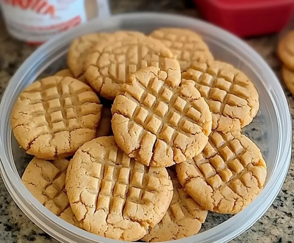 Ingredients for a peanut butter cookie recipe laid out on a wooden surface.