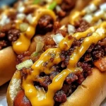 Classic chili dogs with cheese and onions, ready to eat.