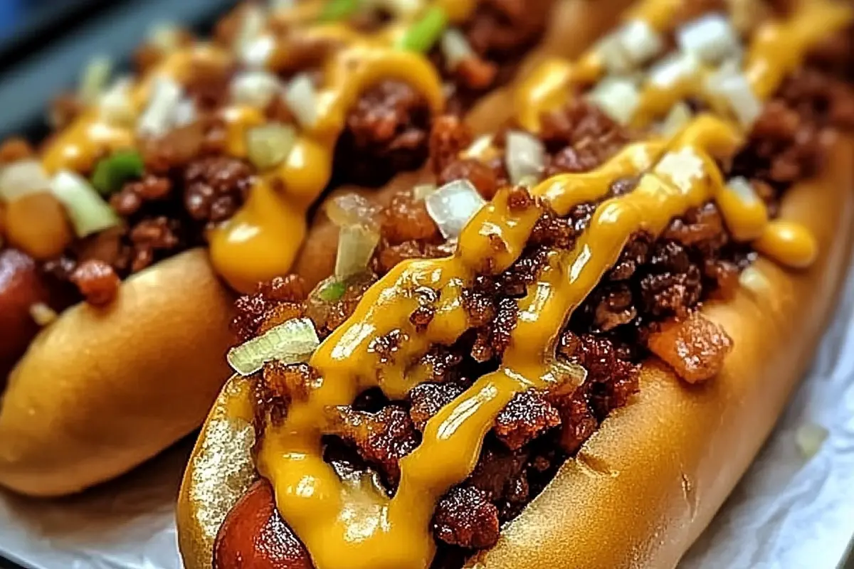 Classic chili dogs with cheese and onions, ready to eat.