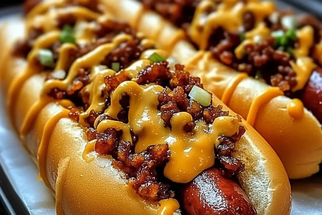 Classic chili dogs with cheese and onions, ready to eat.