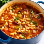 Simmering a minestrone soup recipe in a large pot.