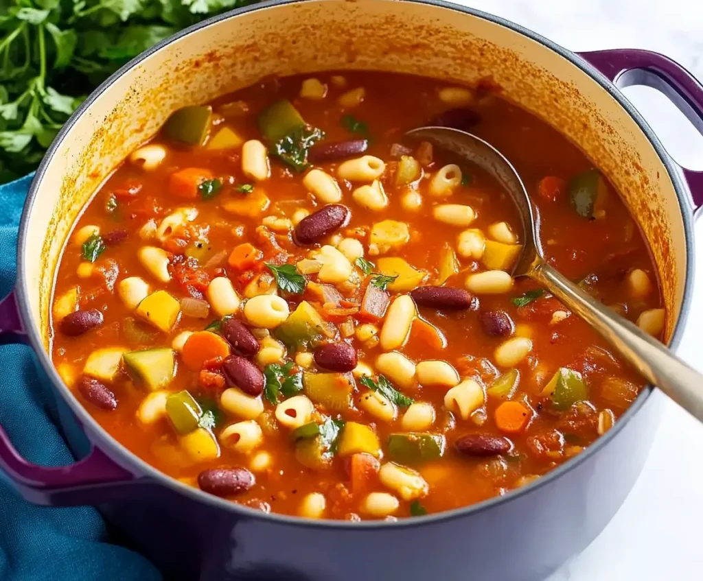 Simmering a minestrone soup recipe in a large pot.