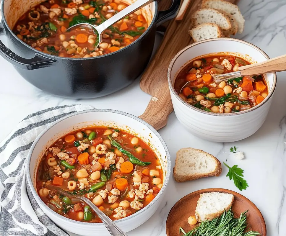 Simmering a minestrone soup recipe in a large pot.