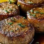 Filet mignon resting on a wooden cutting board.