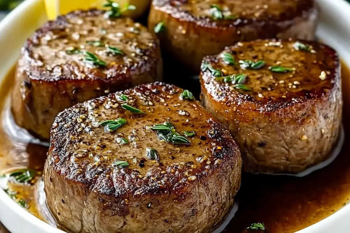 Filet mignon resting on a wooden cutting board.