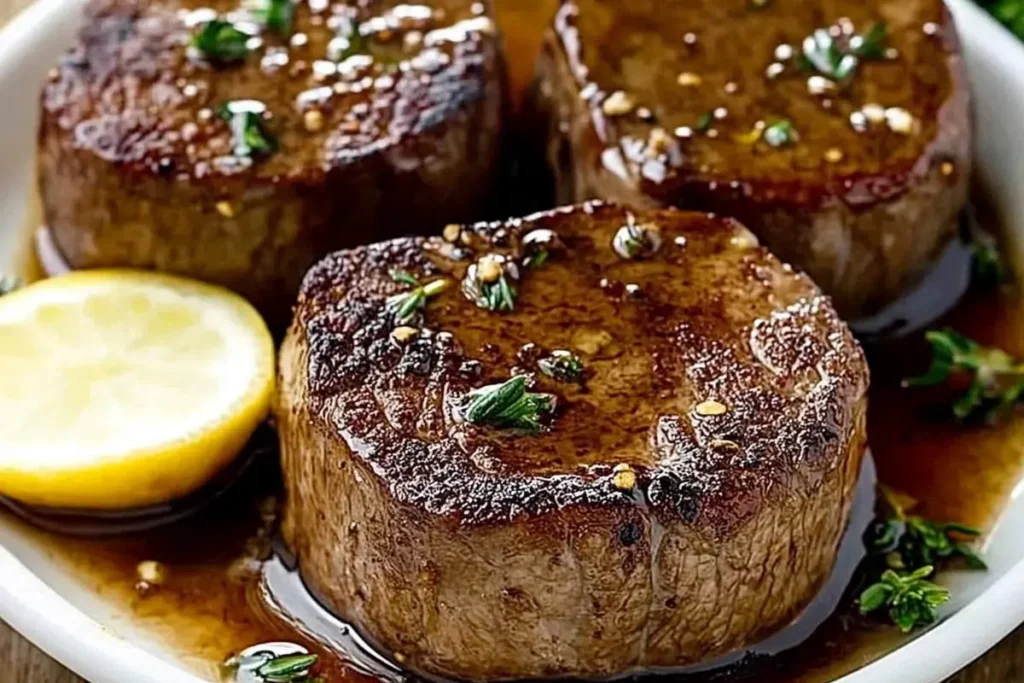 Filet mignon resting on a wooden cutting board.