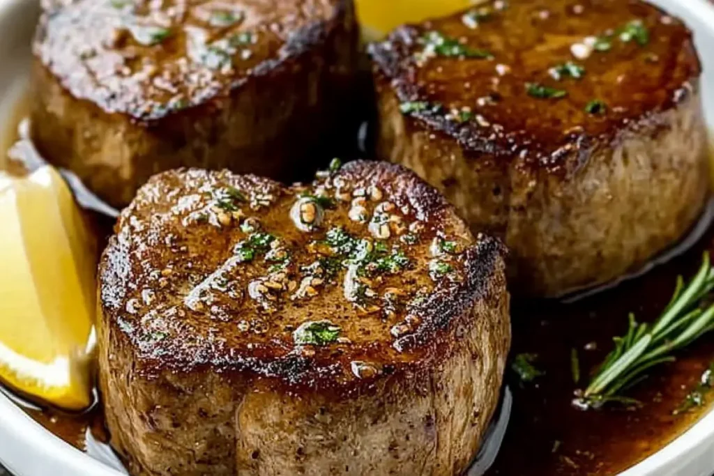 Filet mignon resting on a wooden cutting board.